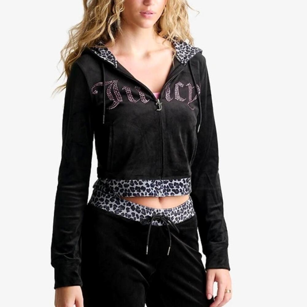 Juicy Couture Bling Front Leopard Print Full-Zip Hoodie Black Size M